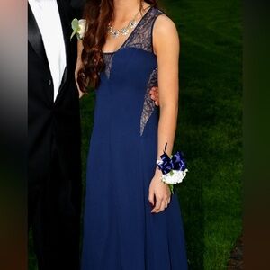 BCBG Paris Navy Blue Gown with Lace Accents